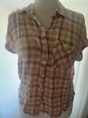 Anthropologie Jane & Delancey Plaid Button Up Blouse Large Beige Cream